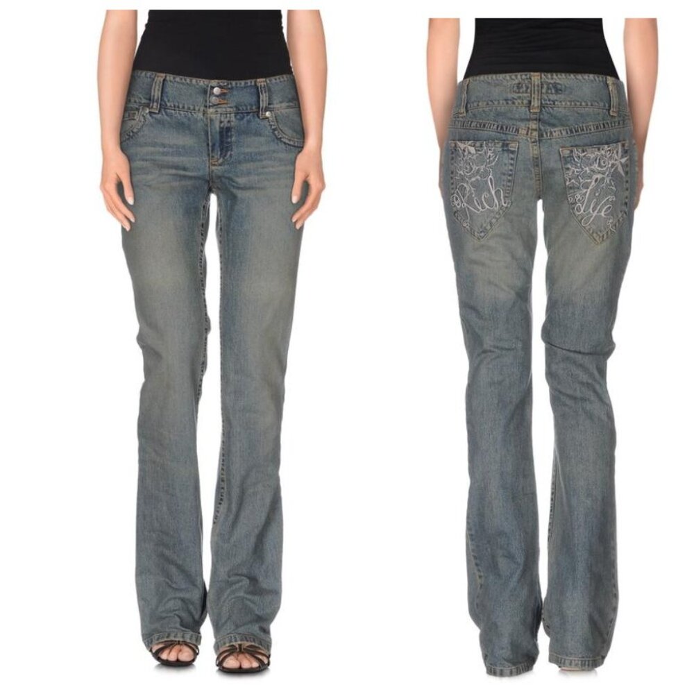 Vintage John Richmond Blue Gray Floral Embroidered Flare Jeans Size 27 US 4